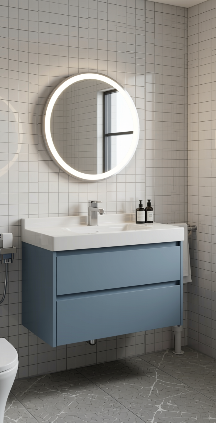 Bluish Grey Plain Laminate 8x4 ft Matte 1 mm - UL 672 — application view in a minimalist bathroom