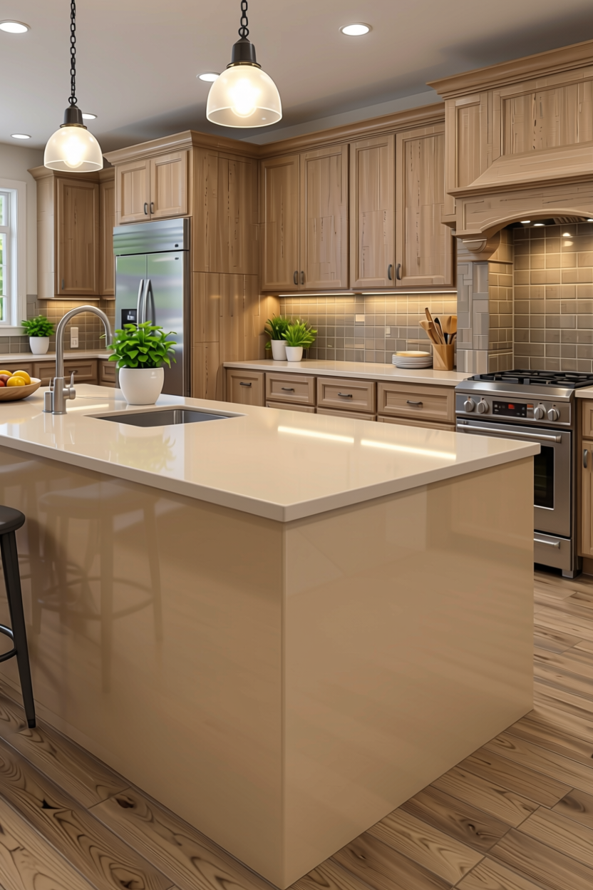 Cane Beige Plain Laminate 8x4 ft High Gloss 1 mm - DG 664 — application view in a kitchen