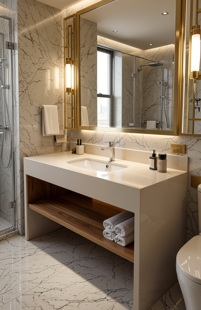 Ceramic Plain Laminate 8x4 ft High Gloss 1 mm - DG 669 — application view in a luxury bathroom