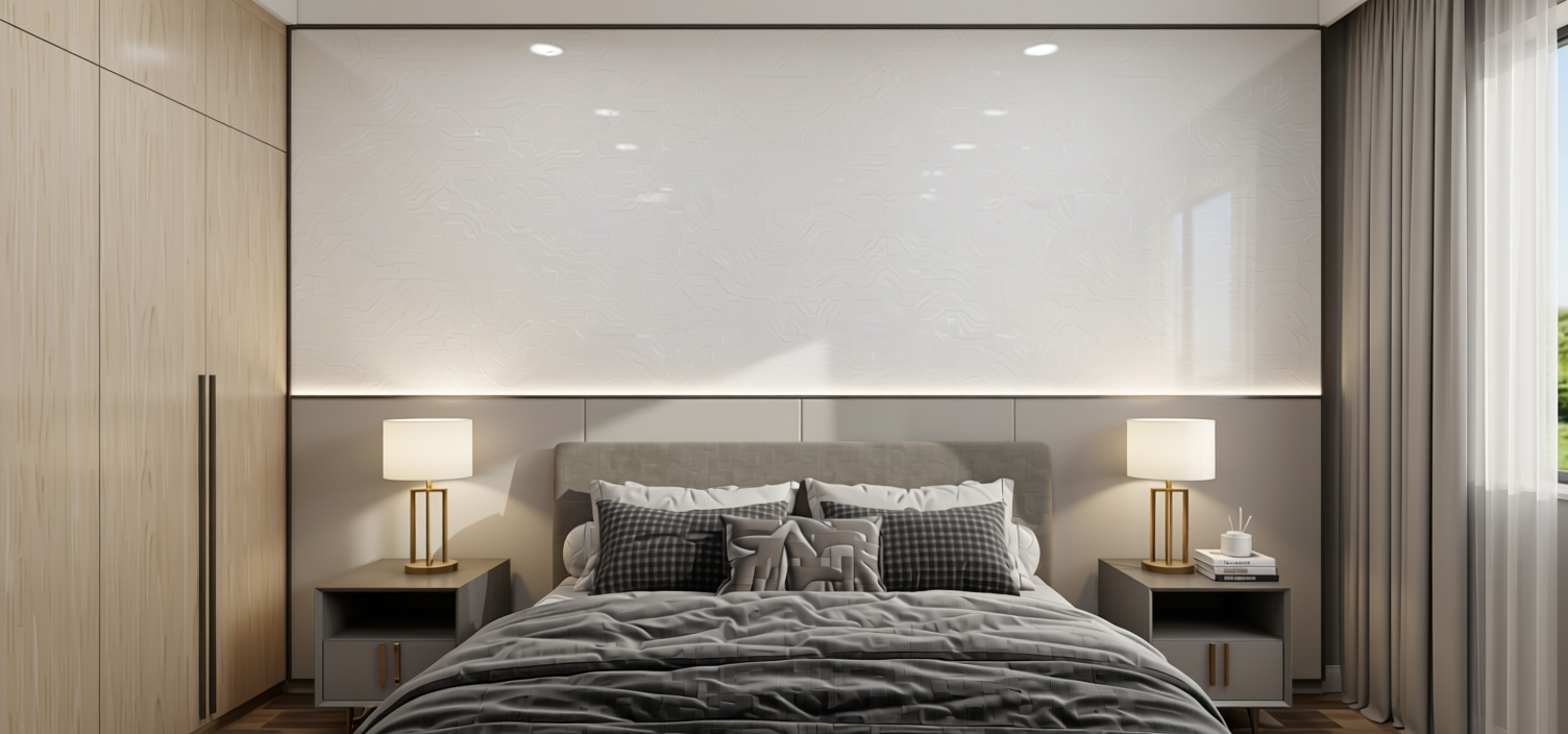 Crystal White Shimmer Plain Laminate 8x4 ft Texture 1 mm - SHM 5147 — application view in a bedroom
