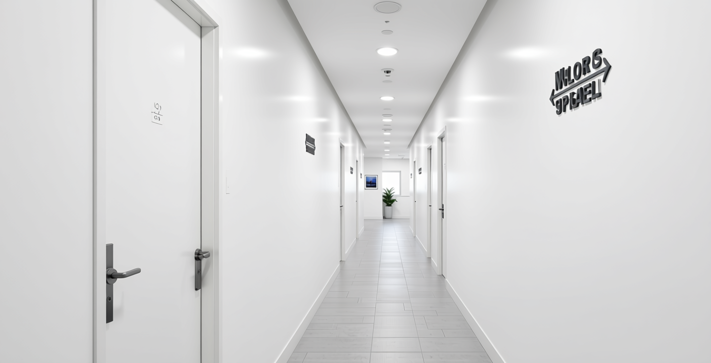 Absolute White Plain Laminate 8x4 ft Texture 1 mm - 660 UCO — application view in a bright hallway