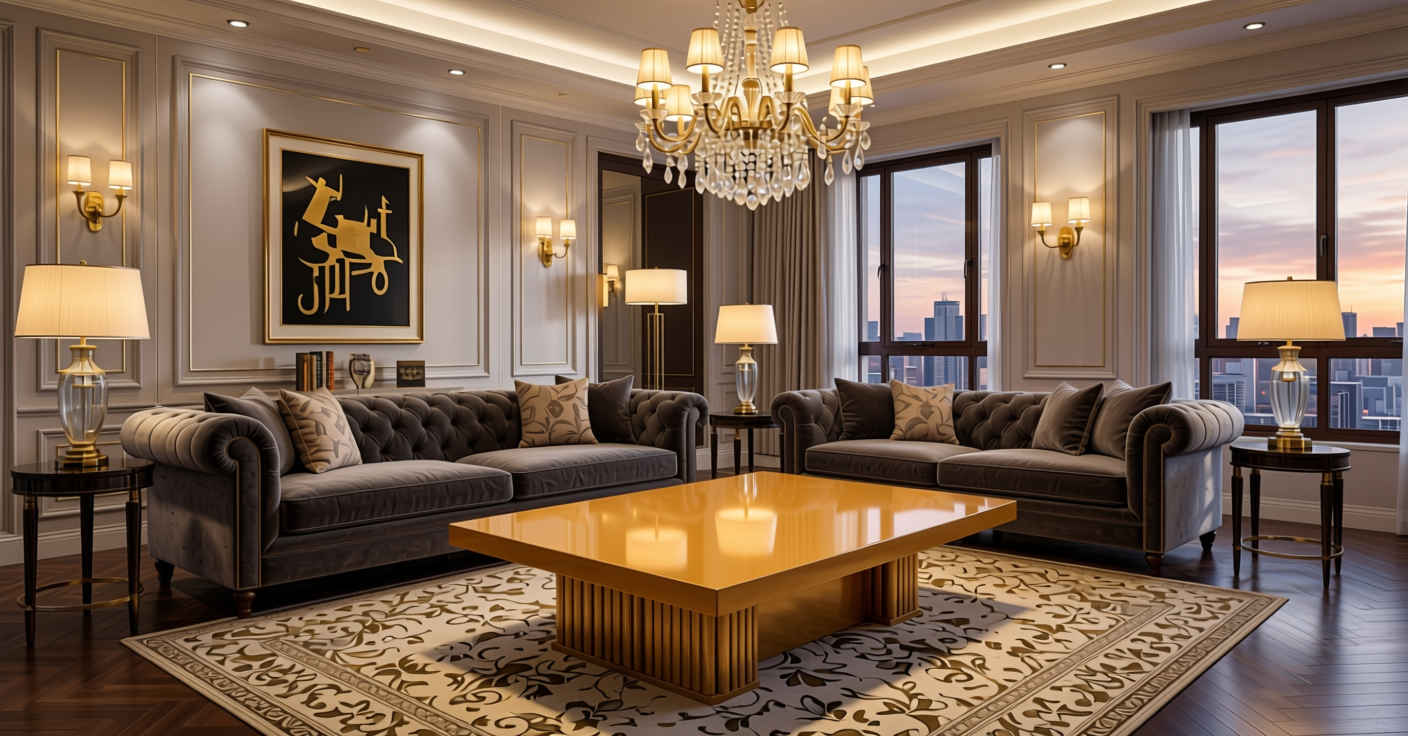 Amber Light Metallic Plain Laminate 8x4 ft Glossy 1 mm - 5125 DG — application view in a glamorous living room
