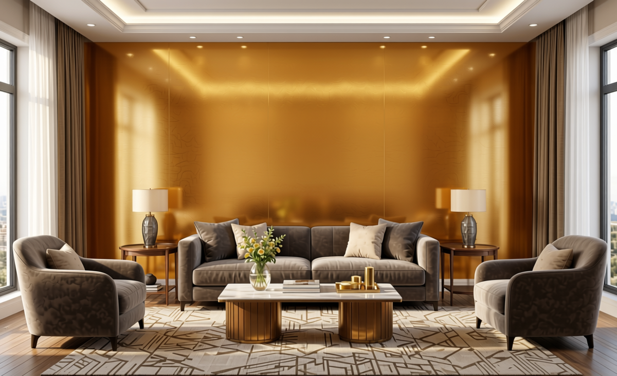 Amber Light Metallic Plain Laminate 8x4 ft Texture 1 mm - 5125 CF — application view in a glamorous living room