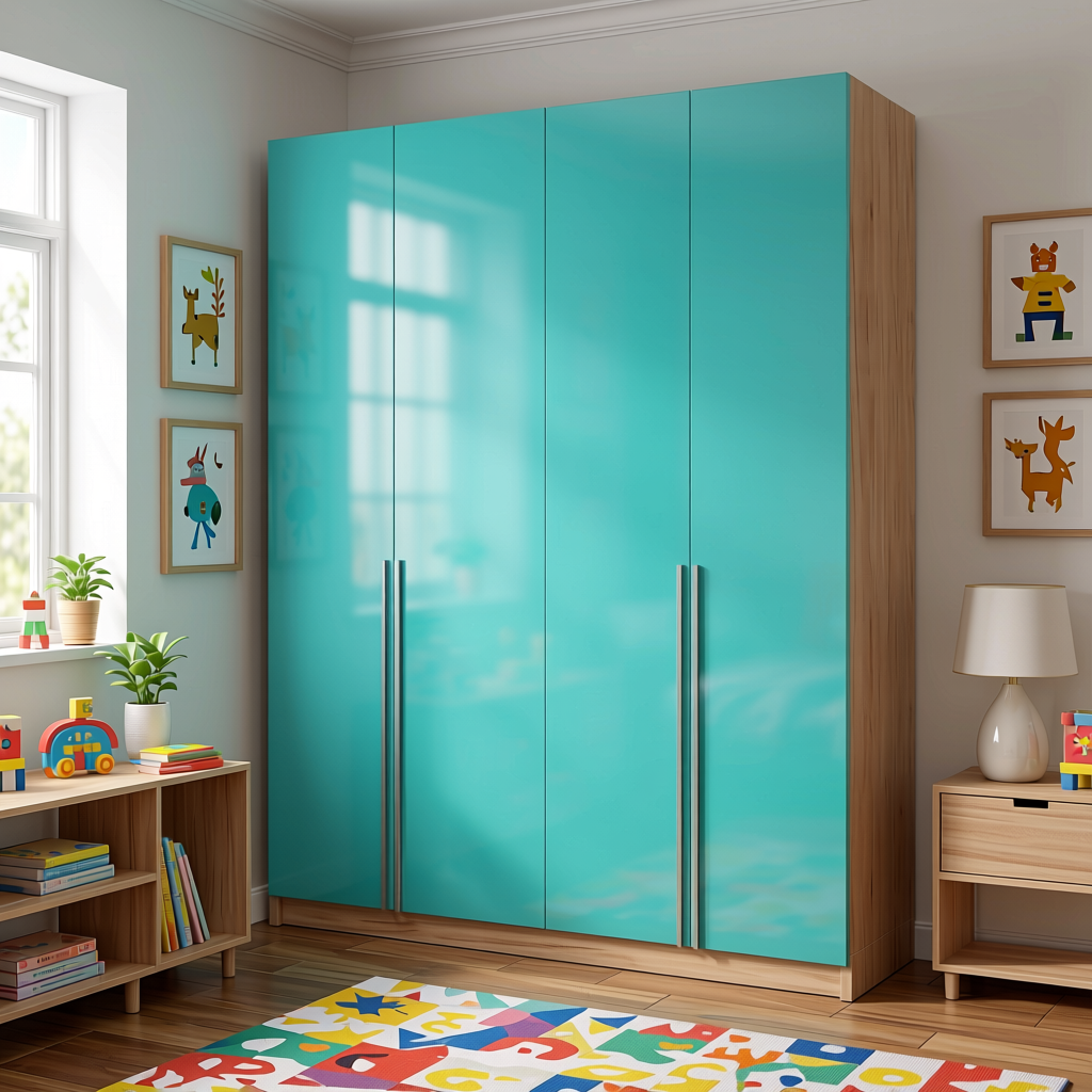 Aqua Blue Plain Laminate 8x4 ft High Gloss 0.9 mm - 581 SG — application view in a kids' bedroom