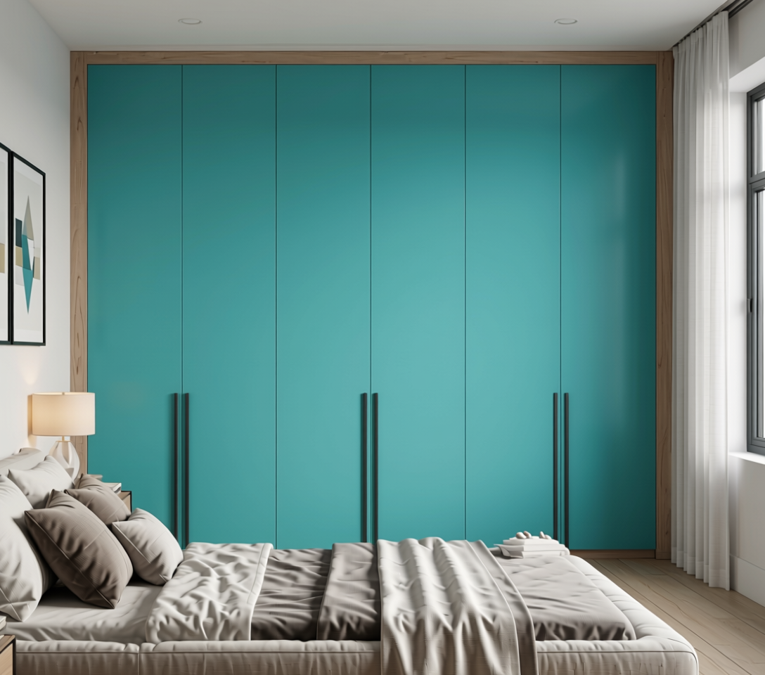 Aqua Blue Plain Laminate 8x4 ft Matte 0.9 mm - 581 EM — application view in a contemporary bedroom