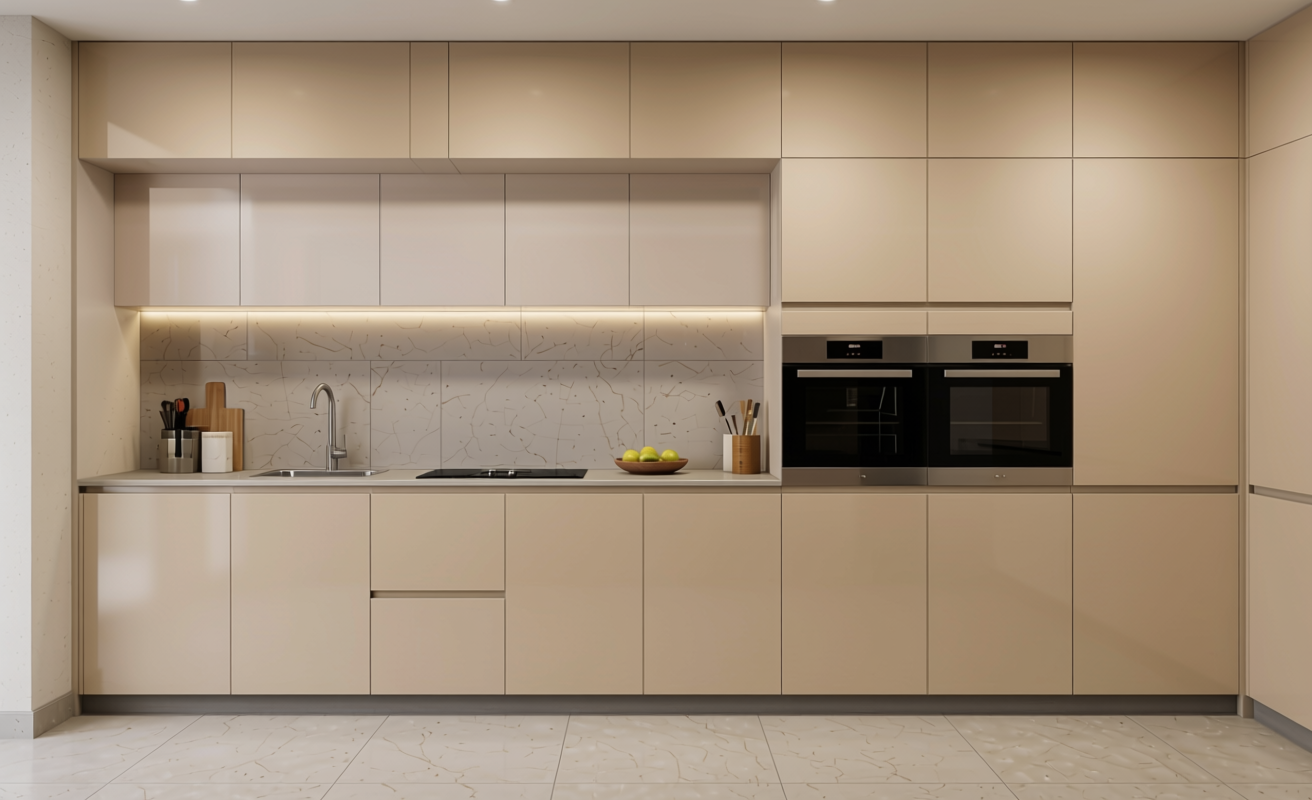 Beige Plain Laminate 8x4 ft Glossy 1 mm - 617 DG — application view in a minimalist kitchen