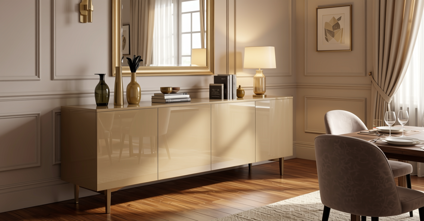 Biscuit Metallic Plain Laminate 8x4 ft Glossy 1 mm - 5063 DG — application view in a elegant dining room
