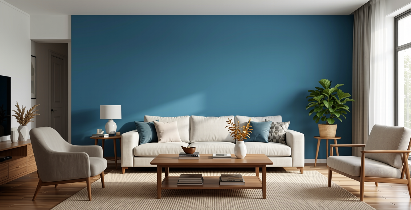 Blue Foccasia Plain Laminate 8x4 ft Texture 1 mm - 648 UL — application view in a living room