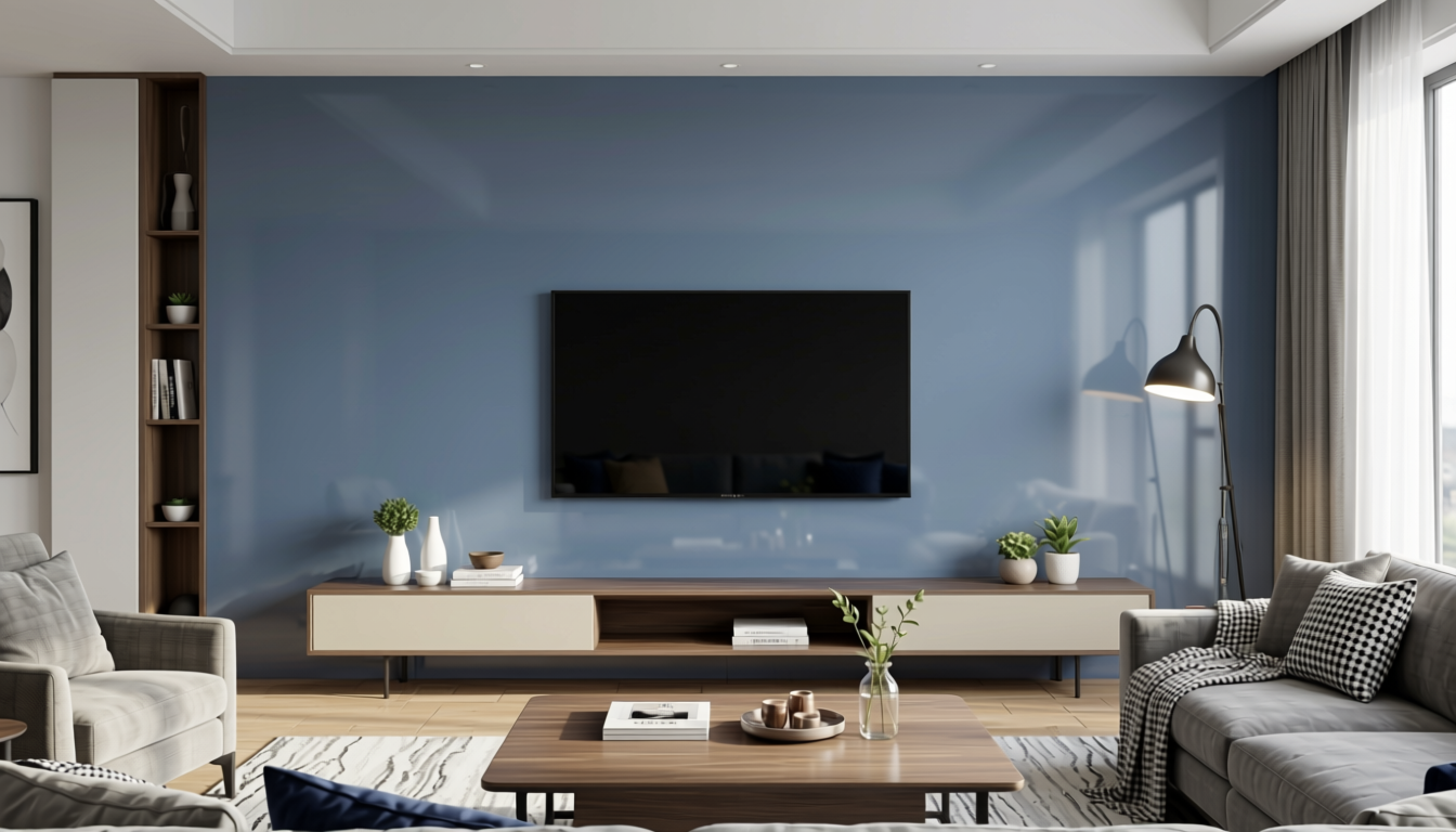Bluish Grey Plain Laminate 8x4 ft Glossy 1 mm - 672 DG — application view in a modern living room