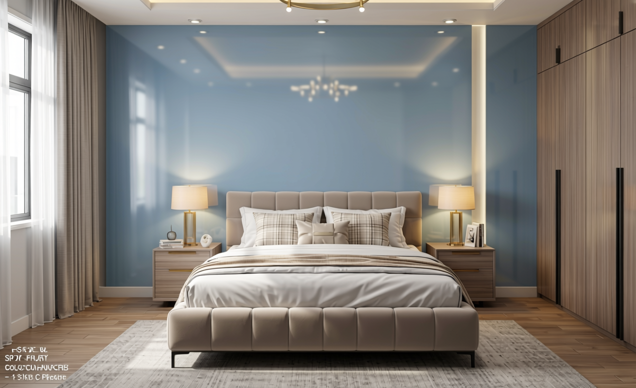 Blush Blue Metallic Plain Laminate 8x4 ft Glossy 1 mm - 6147 DG — application view in a glamorous bedroom