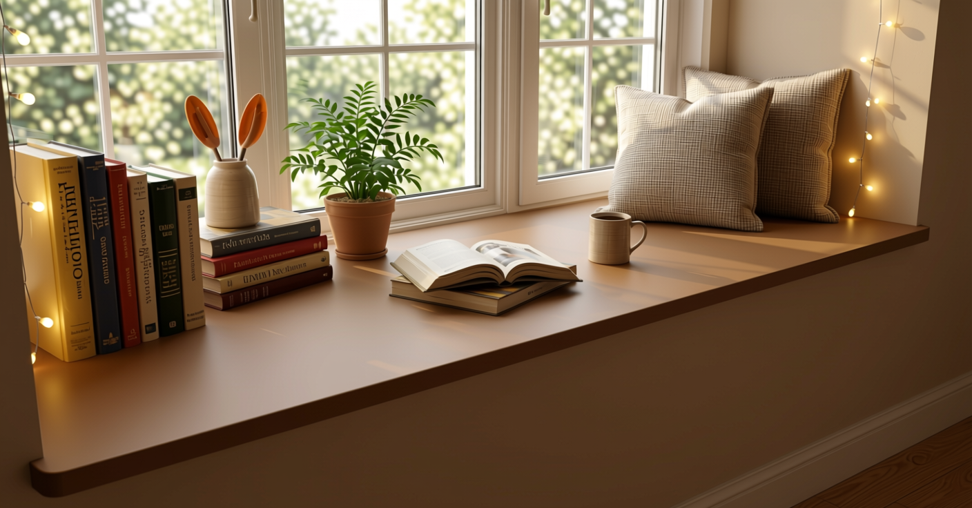 Brew Plain Laminate 8x4 ft Texture 1 mm - 665 UL — application view in a cozy reading nook