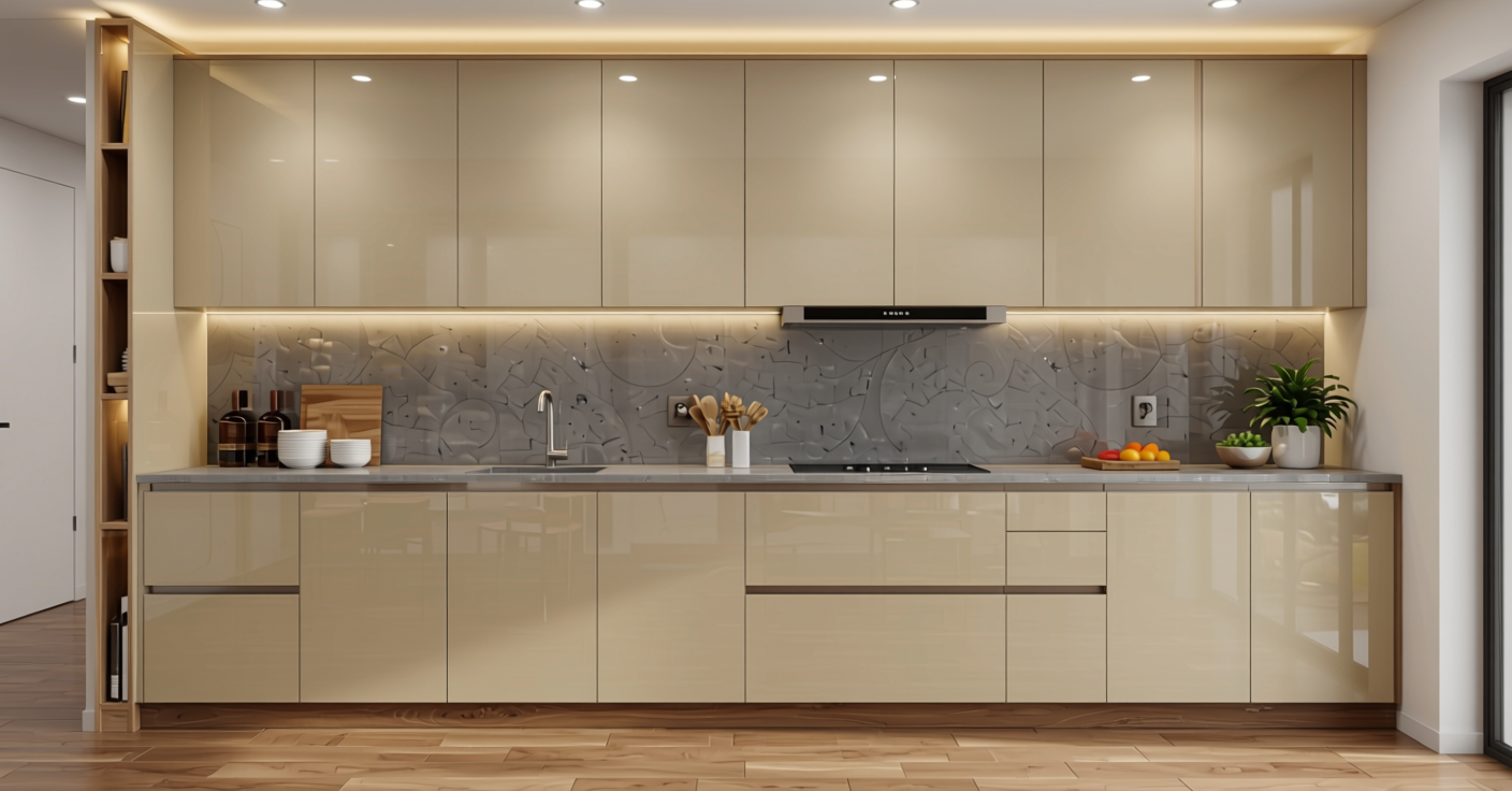 Ceramic Plain Laminate 8x4 ft Glossy 1 mm - 669 DG — application view in a contemporary kitchen