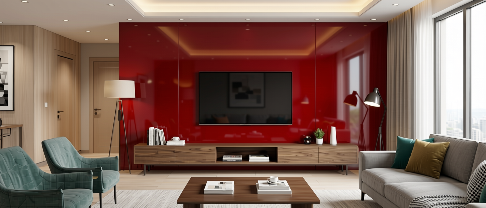Cherry Plain Laminate 8x4 ft Glossy 1 mm - 649 DG — application view in a modern living room