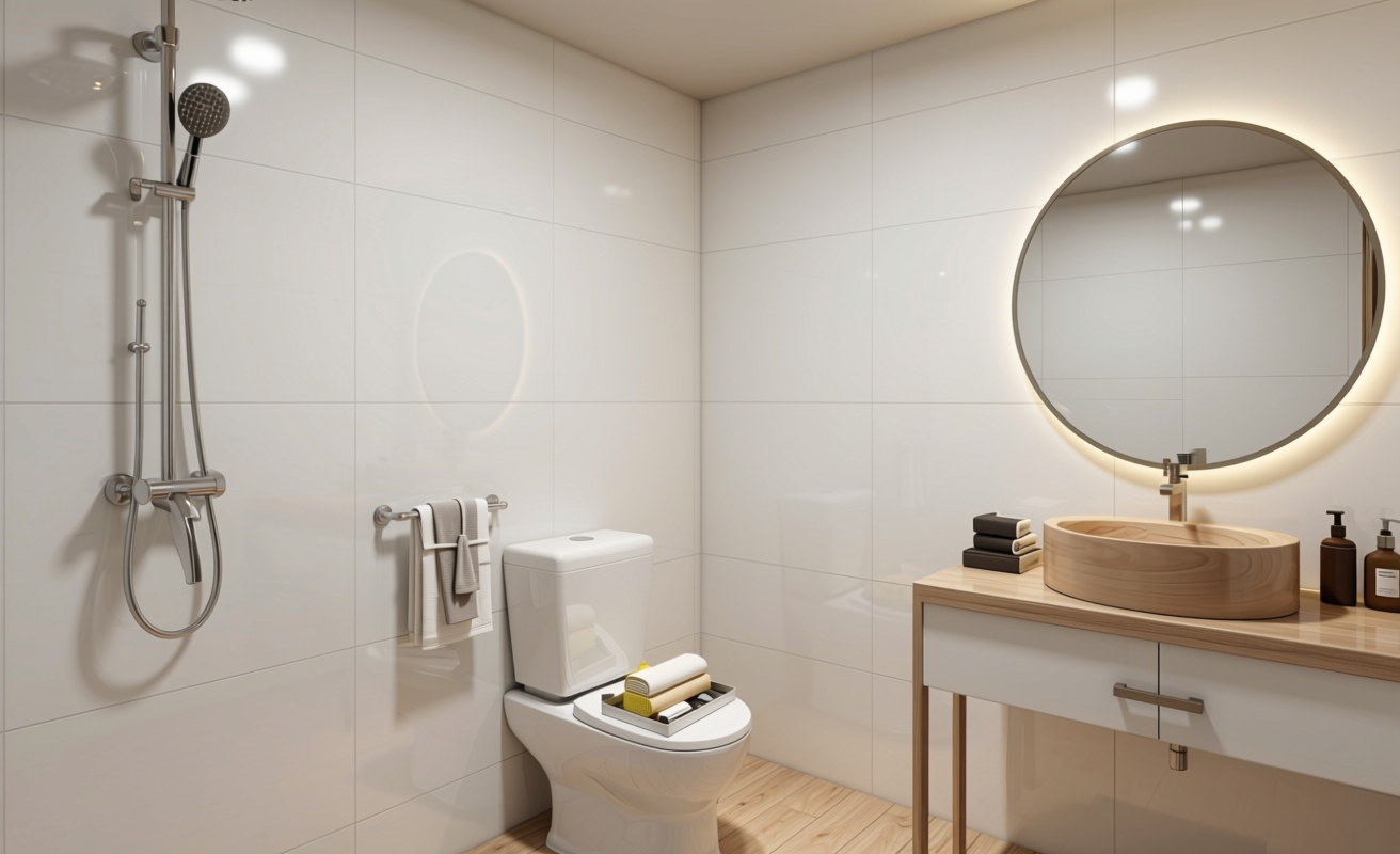 Crystal White Shimmer Plain Laminate 8x4 ft Texture 1 mm - 5147 SHM — application view in a spa bathroom