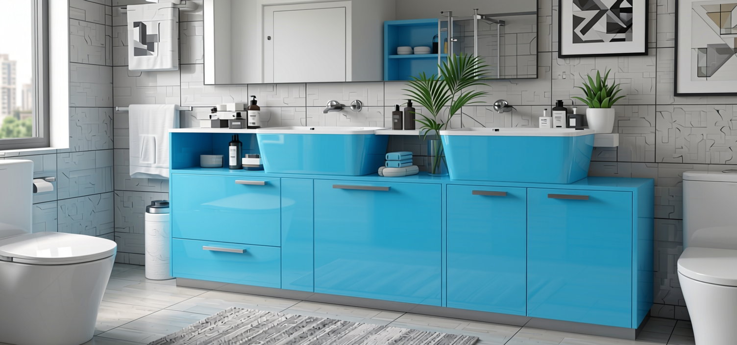 Cyan Blue Plain Laminate 8x4 ft Glossy 1 mm - 628 DG — application view in a modern bathroom