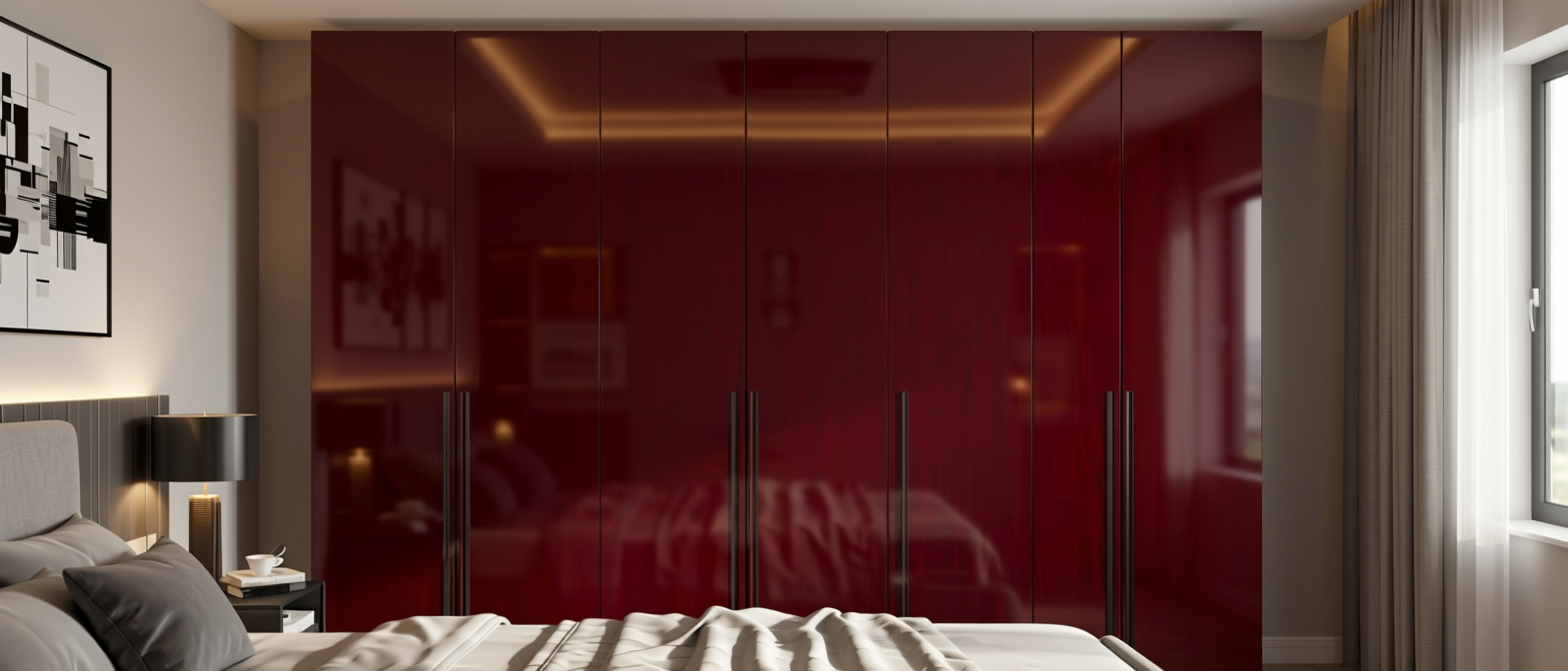 Dark Cherry Plain Laminate 8x4 ft Glossy 1 mm - 653 DG — application view in a sleek bedroom