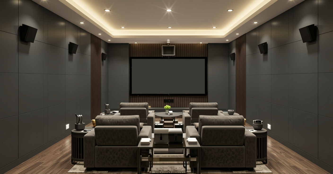 Dark Grey Plain Laminate 8x4 ft Glossy 1 mm - 618 DG — application view in a home theater