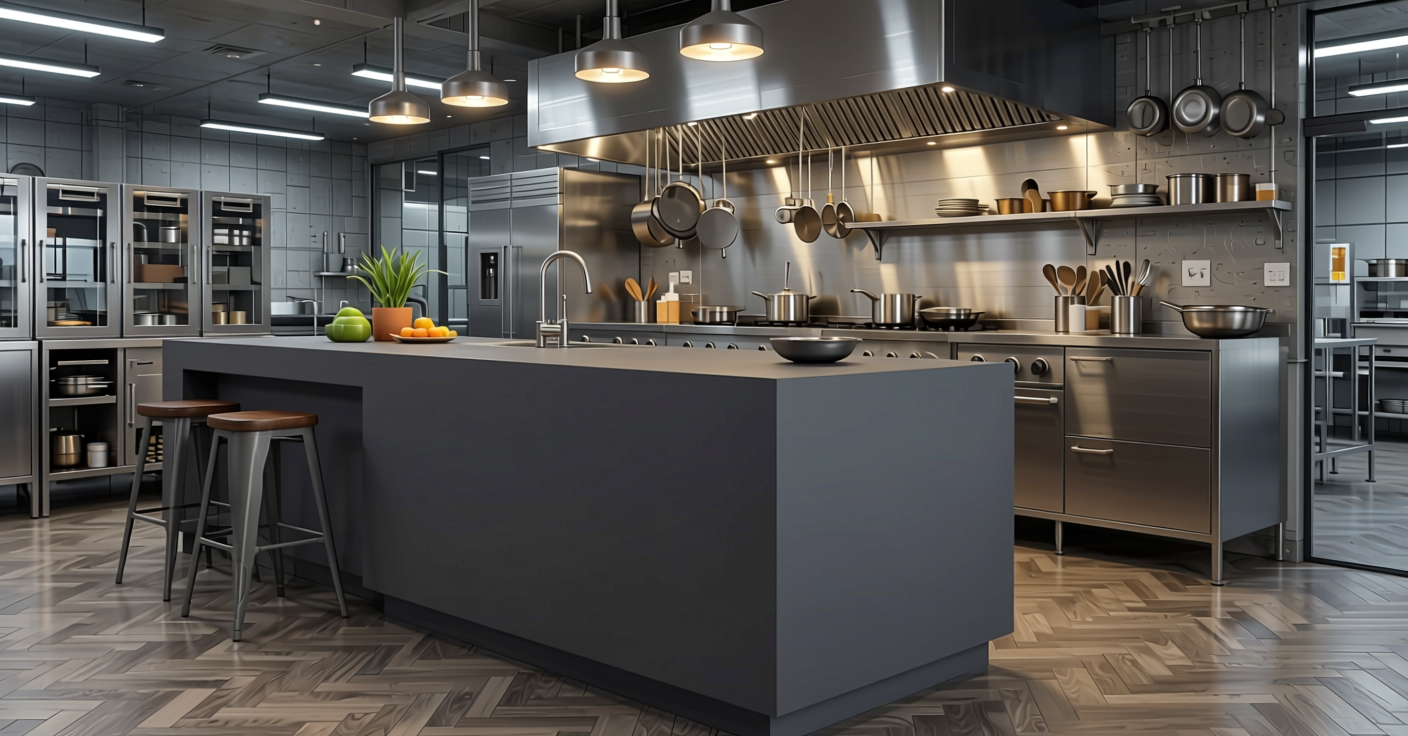 Dark Grey Plain Laminate 8x4 ft Texture 1 mm - 618 UL — application view in a industrial kitchen