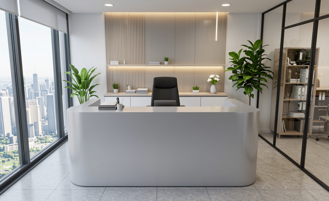 Daylight Grey Shimmer Plain Laminate 8x4 ft Texture 1 mm - 5149 SHM — application view in a modern office