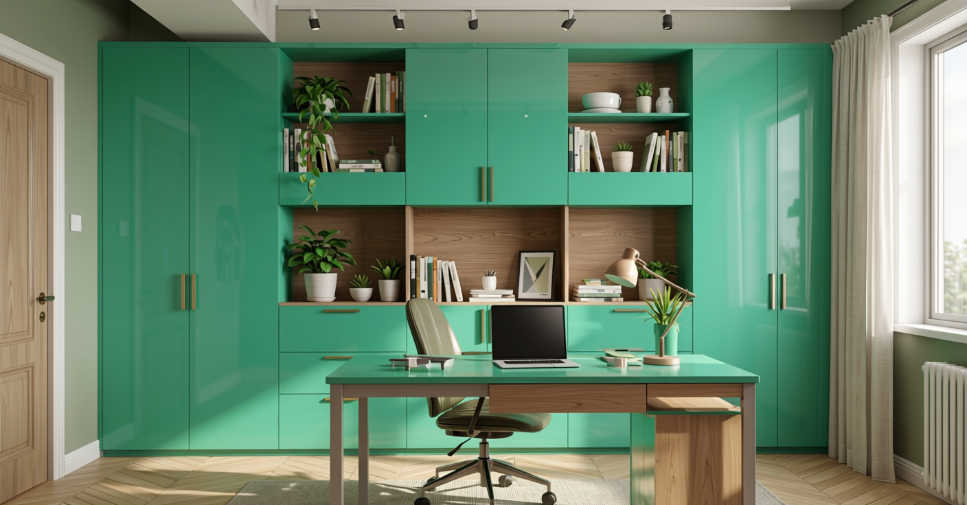 Dream Green Plain Laminate 8x4 ft Glossy 1 mm - 626 DG — application view in a fresh home office