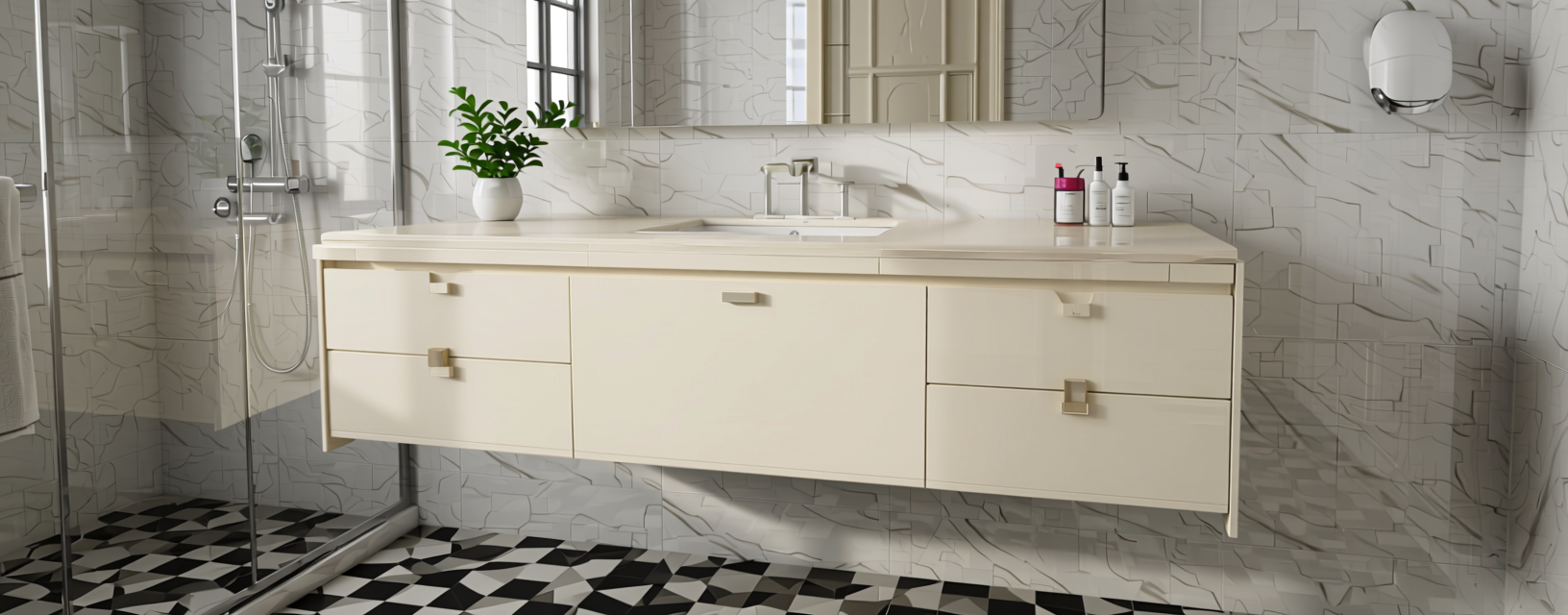 Egg White Plain Laminate 8x4 ft Glossy 1 mm - 661 DG — application view in a sleek bathroom