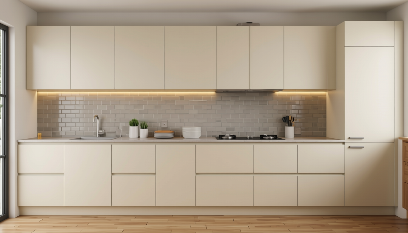 Egg White Plain Laminate 8x4 ft Texture 1 mm - 661 UL — application view in a minimalist kitchen