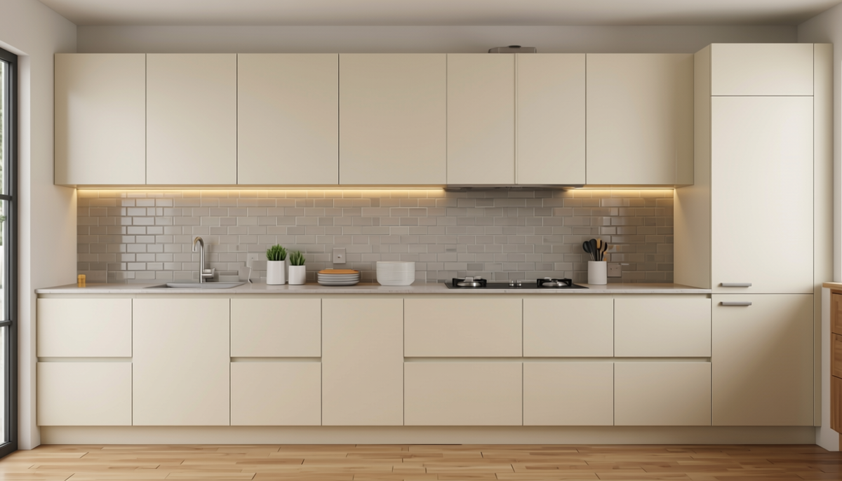 Egg White Plain Laminate 8x4 ft Texture 1 mm - 661 UL — application view in a minimalist kitchen