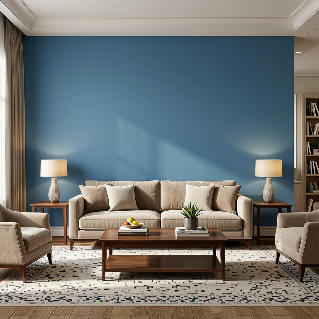 Elegant Blue Plain Laminate 8x4 ft Matte 0.9 mm - 582 EM — application view in a elegant living room