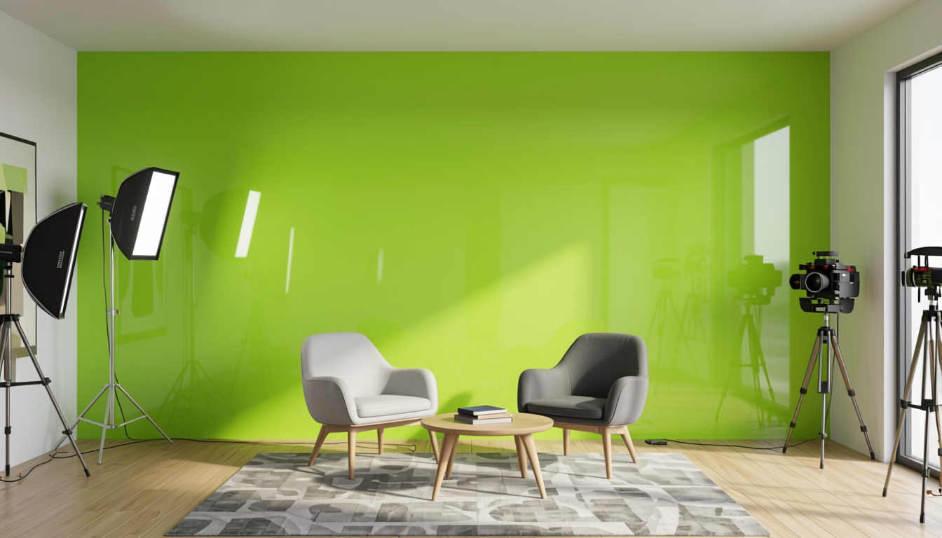 Flourescent Green Plain Laminate 8x4 ft Glossy 1 mm - 619 DG — application view in a creative studio