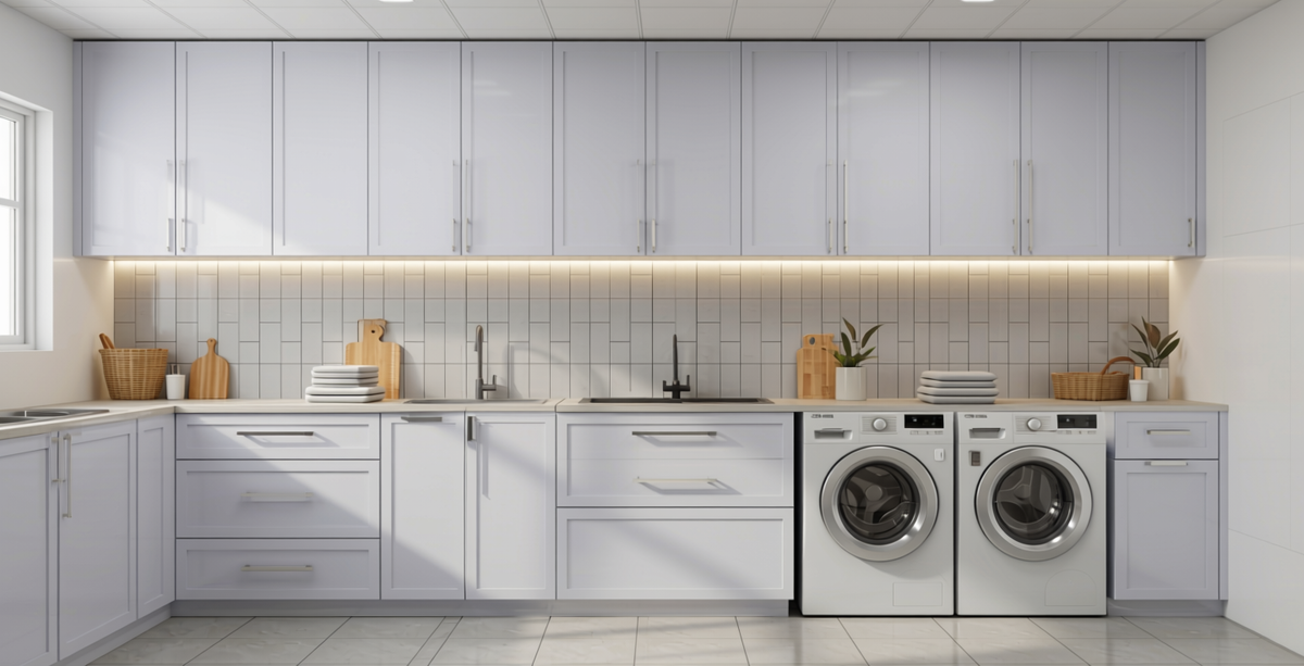 Frost White Plain Laminate 8x4 ft Texture 1 mm - 662 UL — application view in a clean laundry room