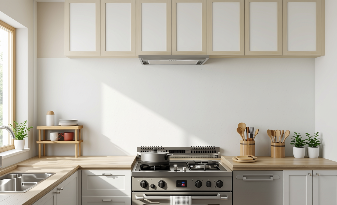 Frost White Plain Laminate 8x4 ft Texture 1 mm - 662 NL — application view in a bright kitchen