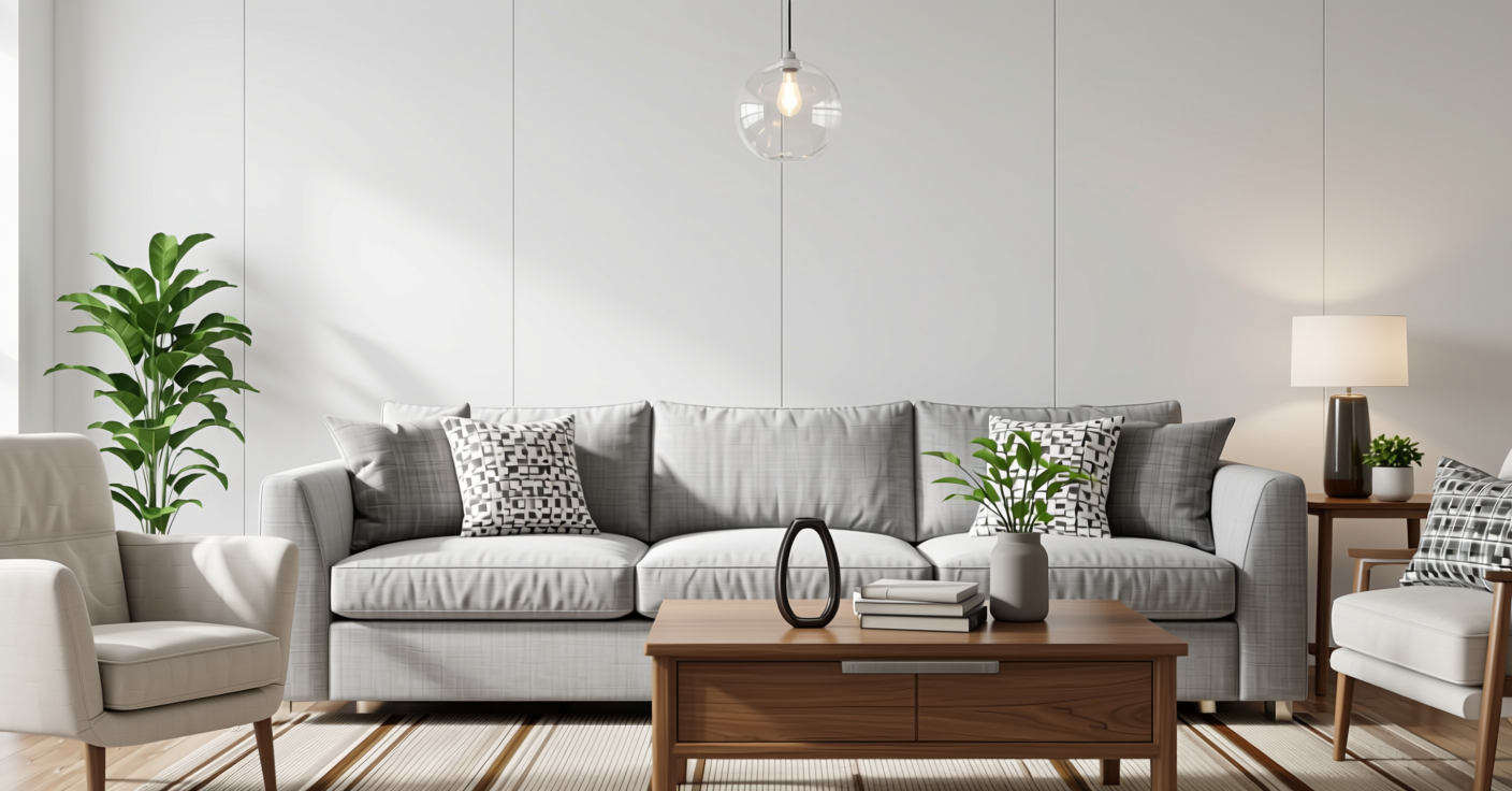 Frosty White Plain Laminate 8x4 ft Texture 1 mm - 638 UL — application view in a bright living room