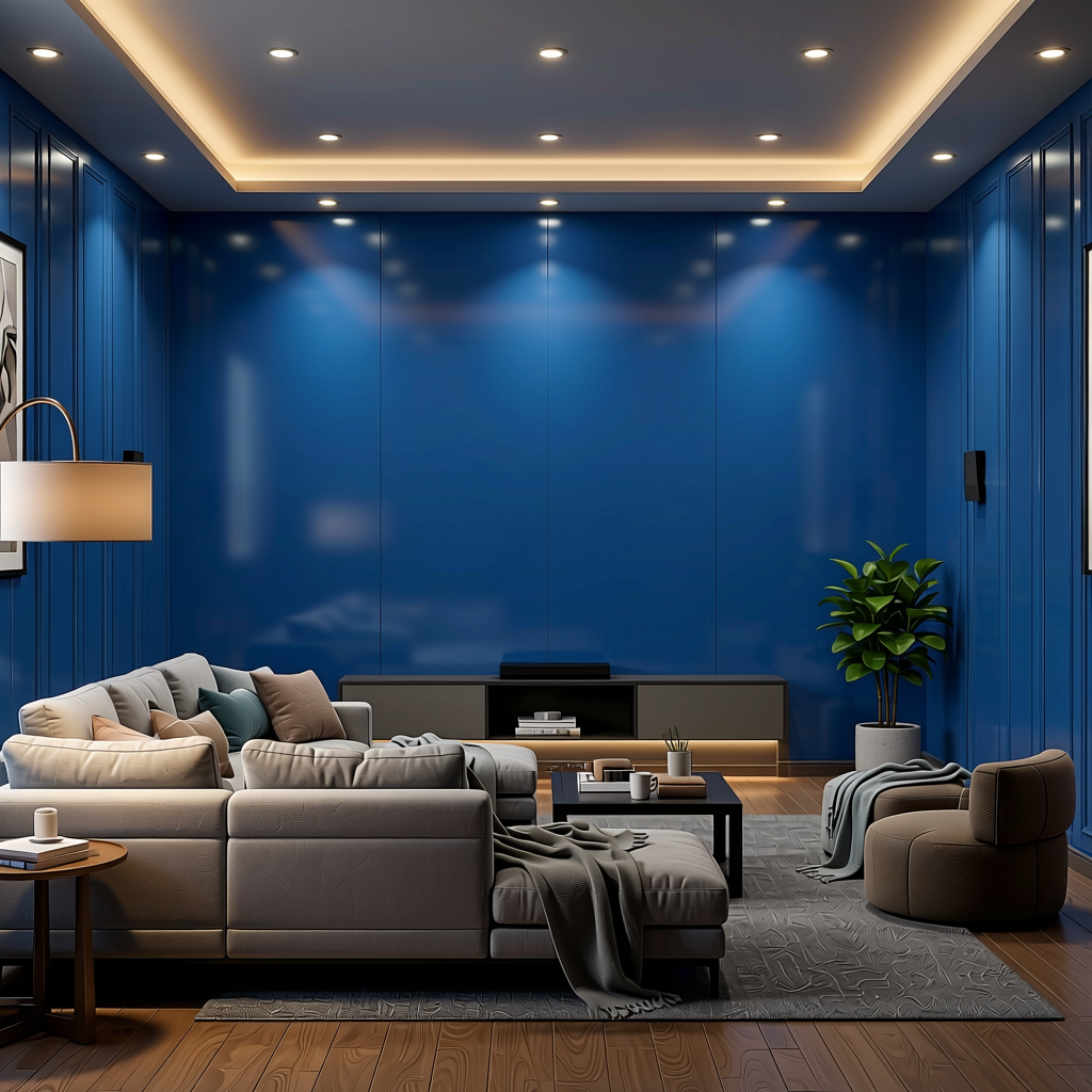 Galaxy Blue Plain Laminate 8x4 ft High Gloss 0.9 mm - 577 SG — application view in a home theater