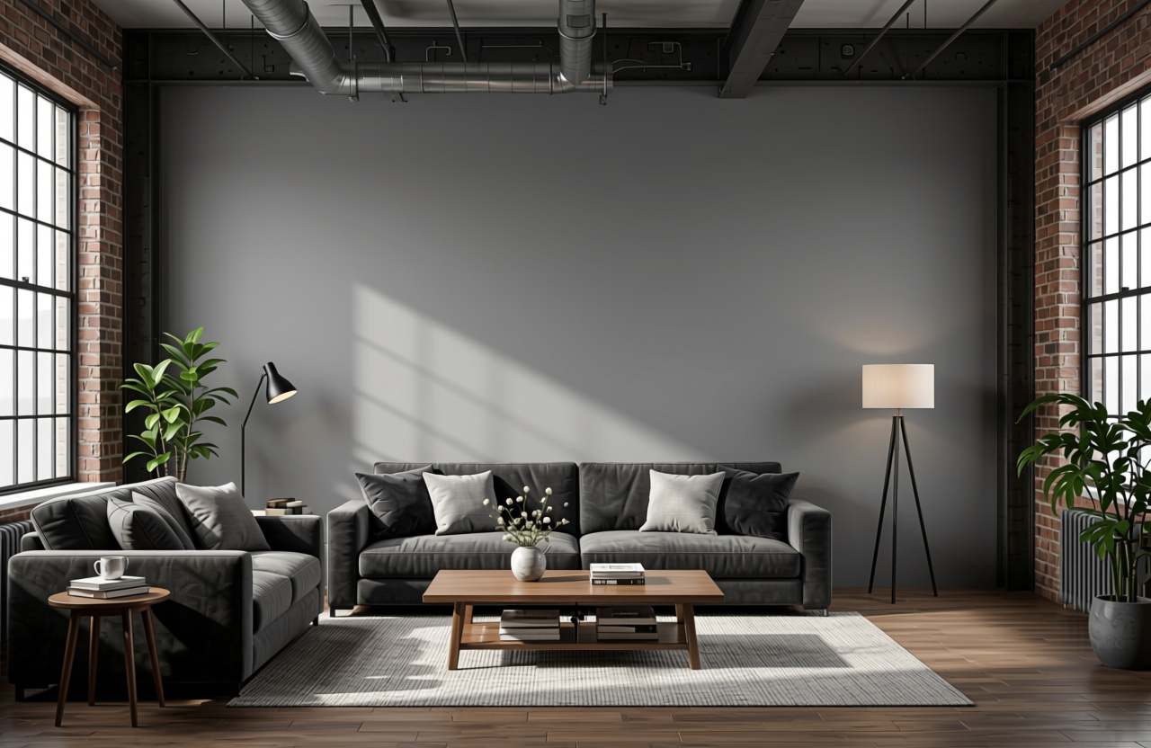 Gothic Grey Plain Laminate 8x4 ft Texture 1 mm - 668 UL — application view in a industrial loft