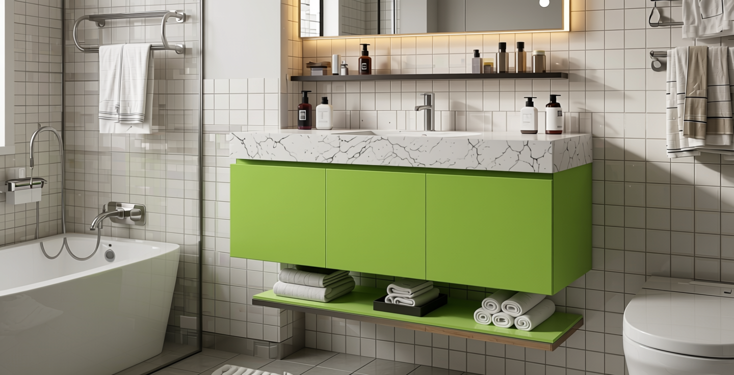 Green Lime Plain Laminate 8x4 ft Texture 1 mm - 657 UL — application view in a bathroom
