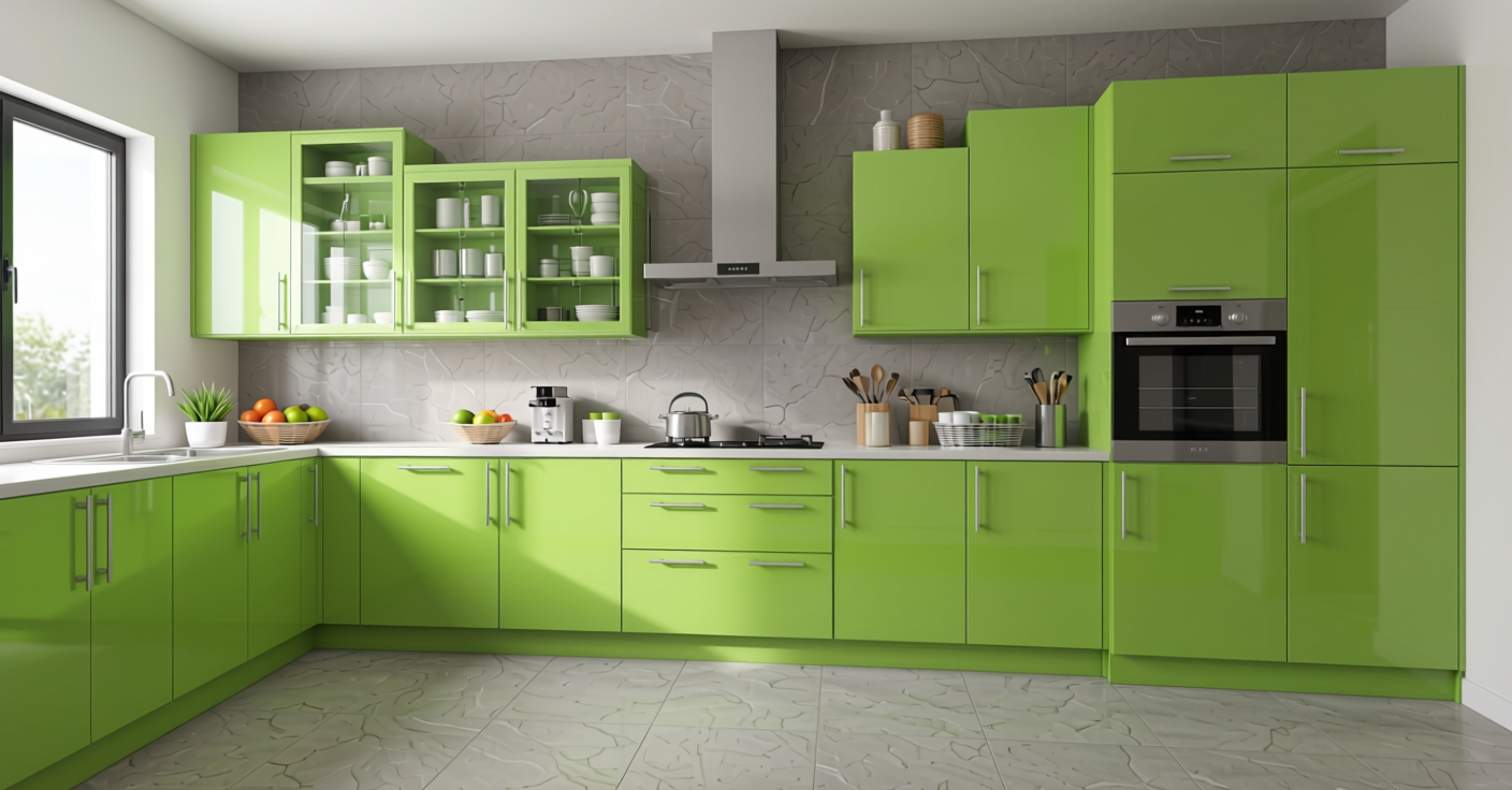 Green Lime Plain Laminate 8x4 ft Glossy 1 mm - 657 DG — application view in a contemporary kitchen