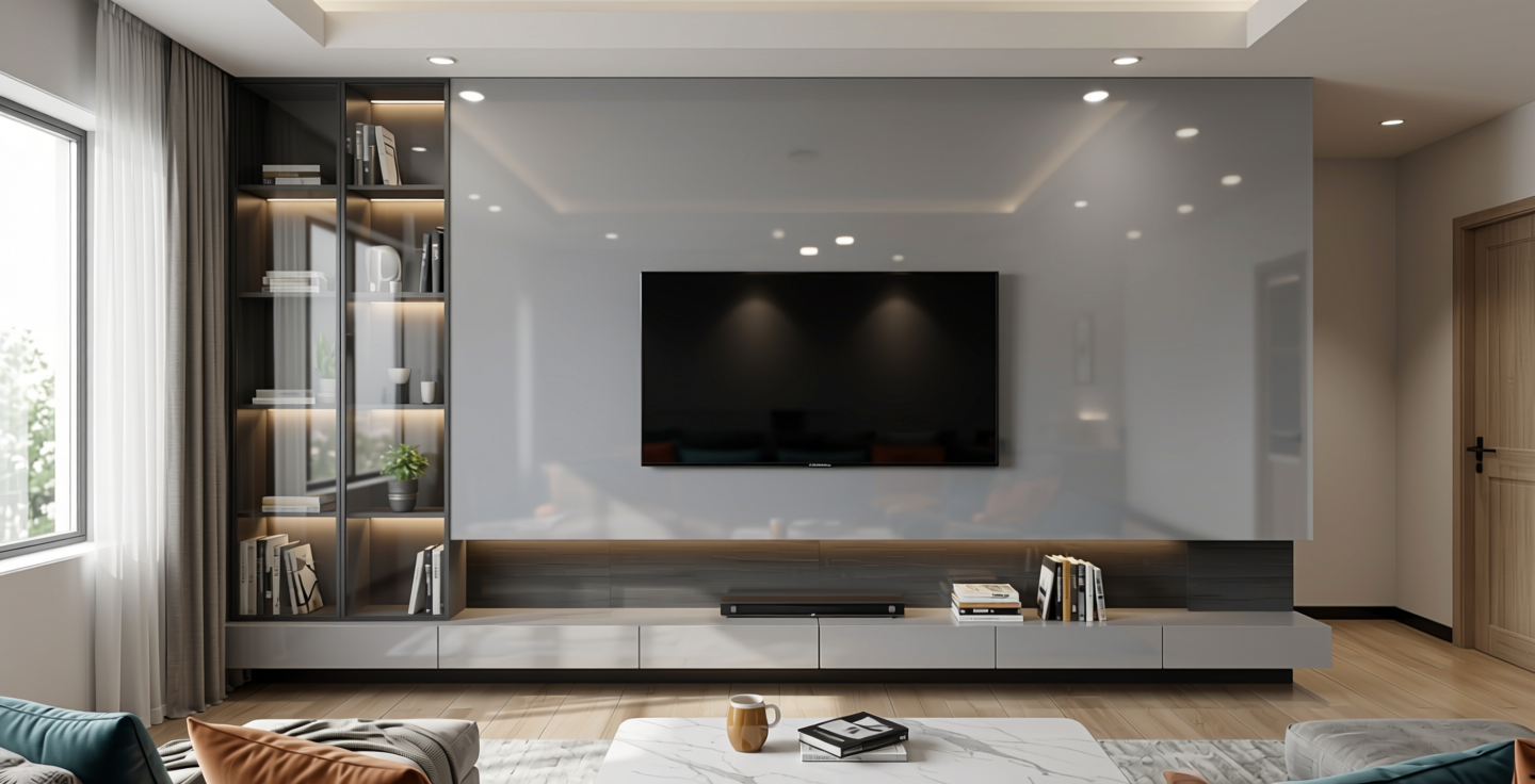 Grey Metallic Plain Laminate 8x4 ft Glossy 1 mm - 5062 DG — application view in a modern living room