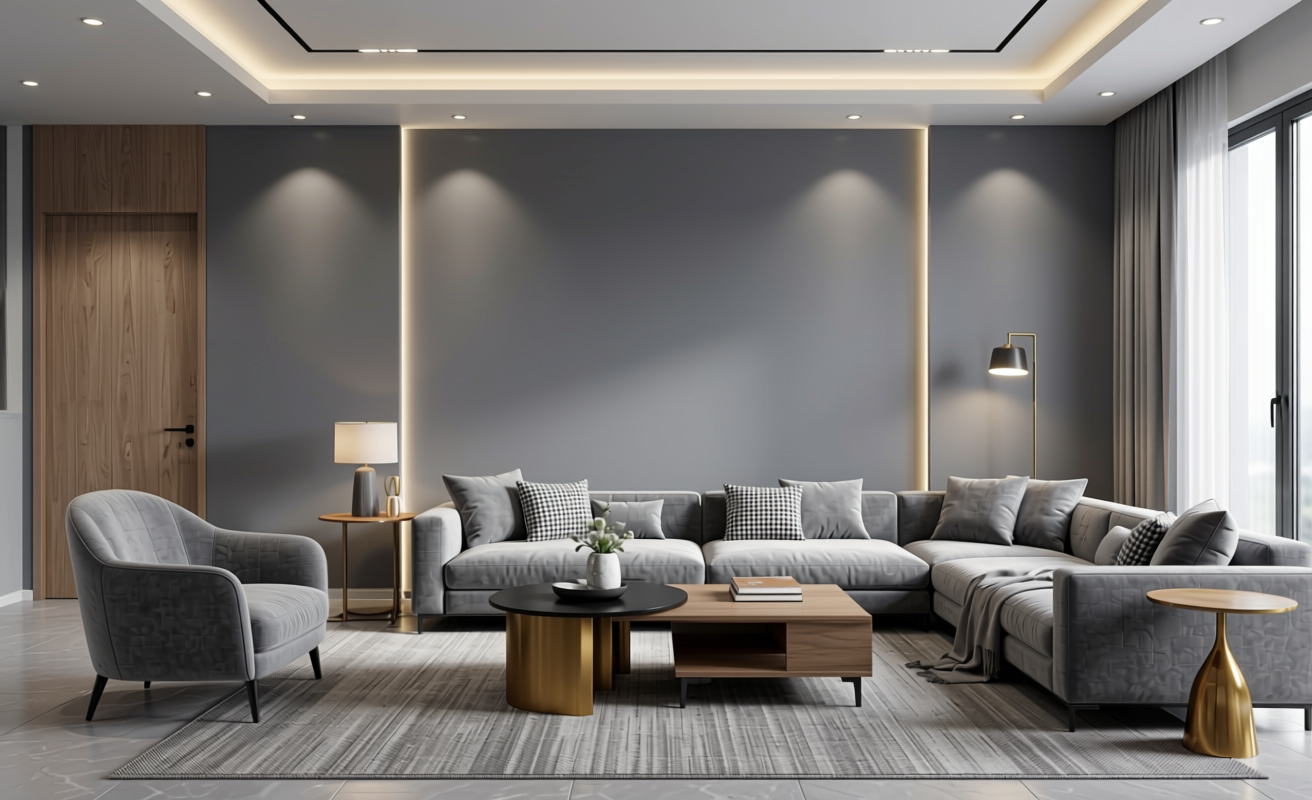 Grey Moon Shimmer Plain Laminate 8x4 ft Texture 1 mm - 5150 SHM — application view in a luxury living room
