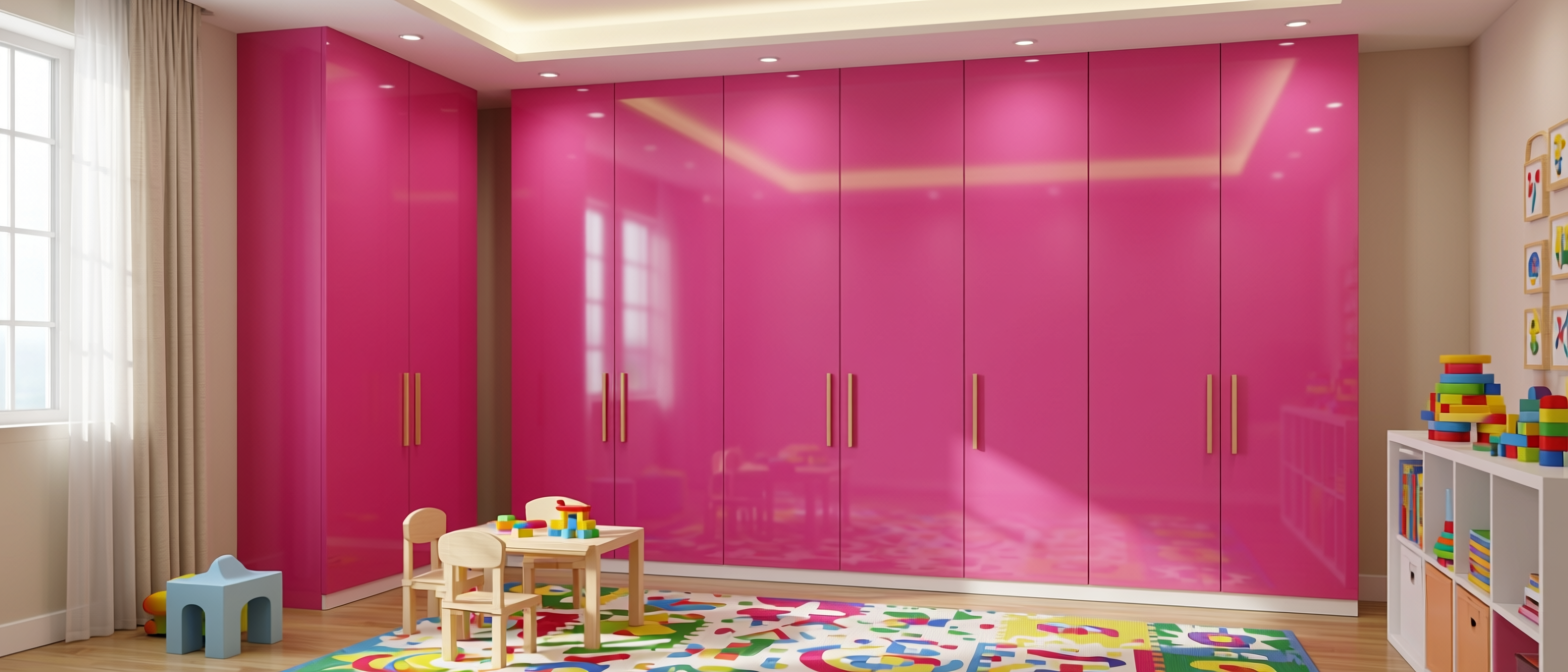 Hot Pink Plain Laminate 8x4 ft Glossy 1 mm - 622 DG — application view in a fun playroom