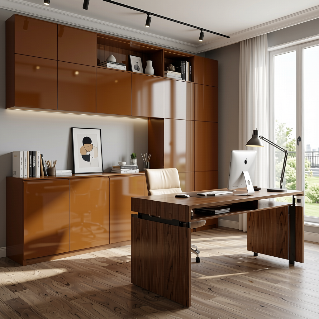 Iron Brown Plain Laminate 8x4 ft High Gloss 0.9 mm - 579 SG — application view in a home office