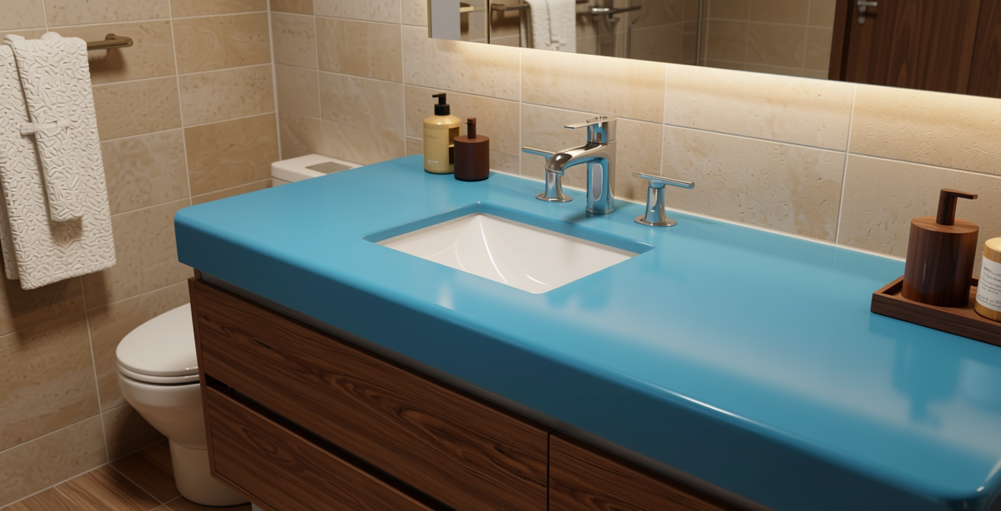 Lake Blue Plain Laminate 8x4 ft Texture 1 mm - 656 UL — application view in a spa bathroom