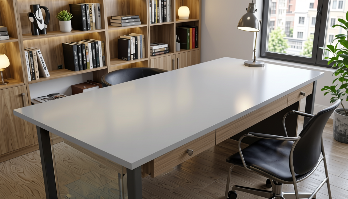 Light Grey Plain Laminate 8x4 ft Texture 1 mm - 614 NL — application view in a study room