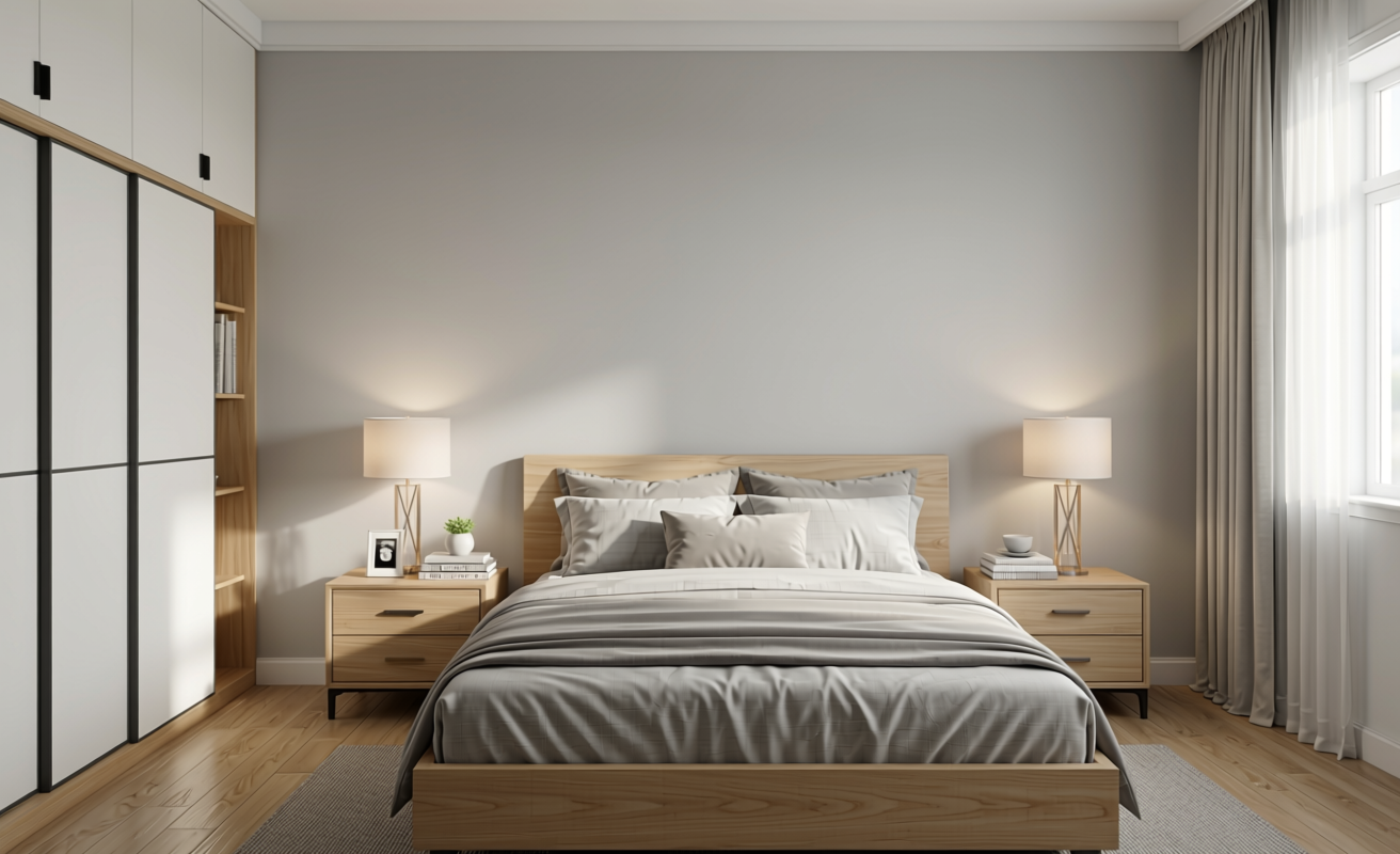 Light Grey Plain Laminate 8x4 ft Texture 1 mm - 614 UL — application view in a calm bedroom