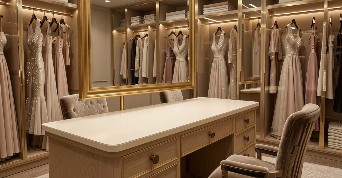 Milkey Shimmer Plain Laminate 8x4 ft Texture 1 mm - 5148 SHM — application view in a glamorous dressing room