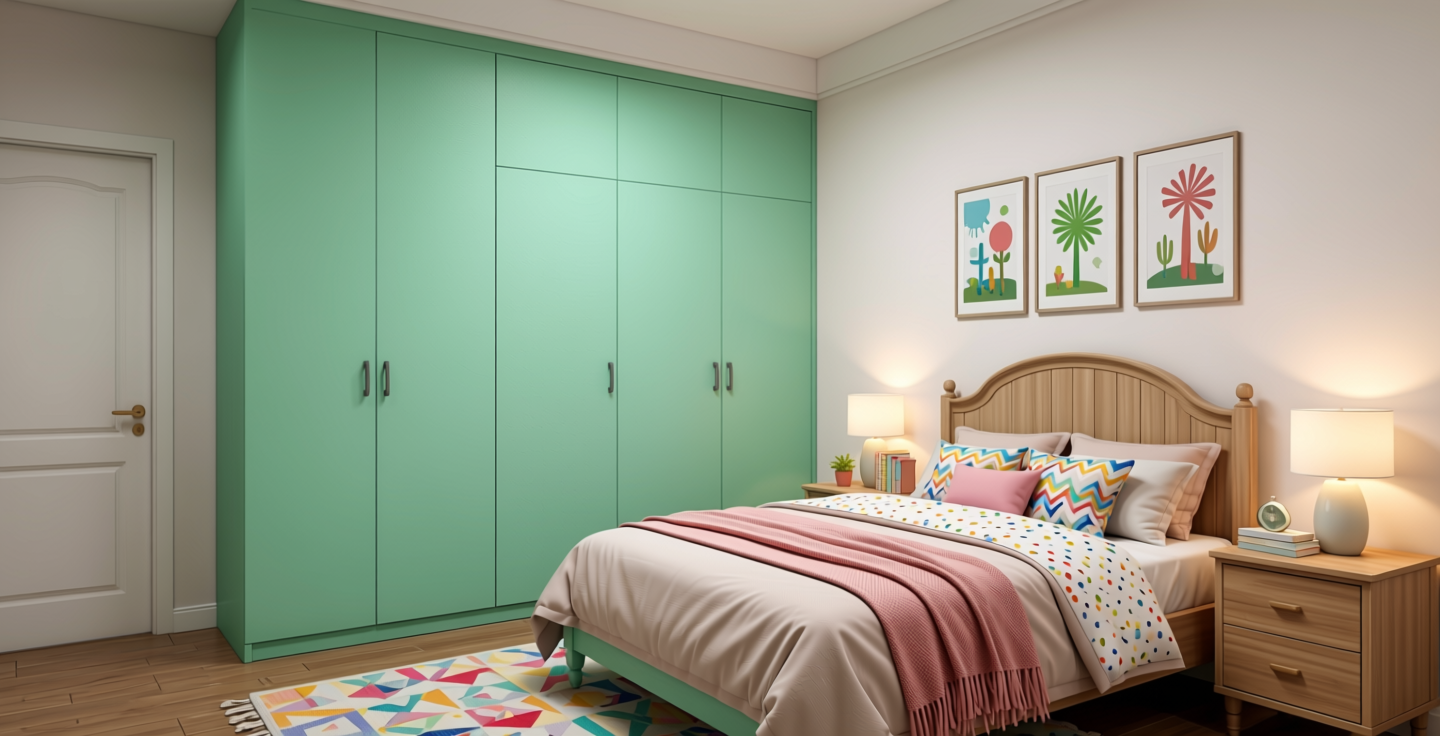 Mint Green Plain Laminate 8x4 ft Texture 1 mm - 663 UL — application view in a children's bedroom