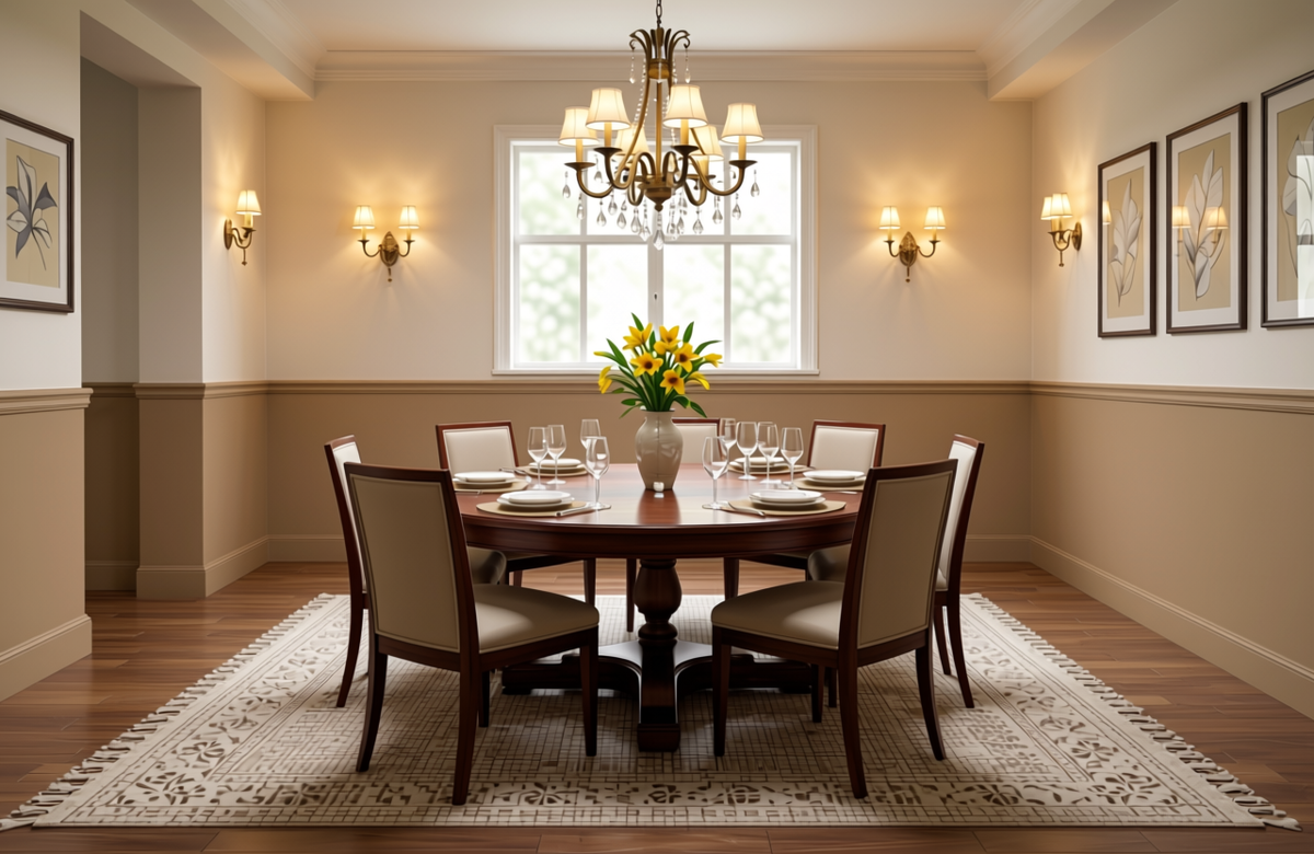 Mission Beige Plain Laminate 8x4 ft Texture 1 mm - 673 UL — application view in a elegant dining room