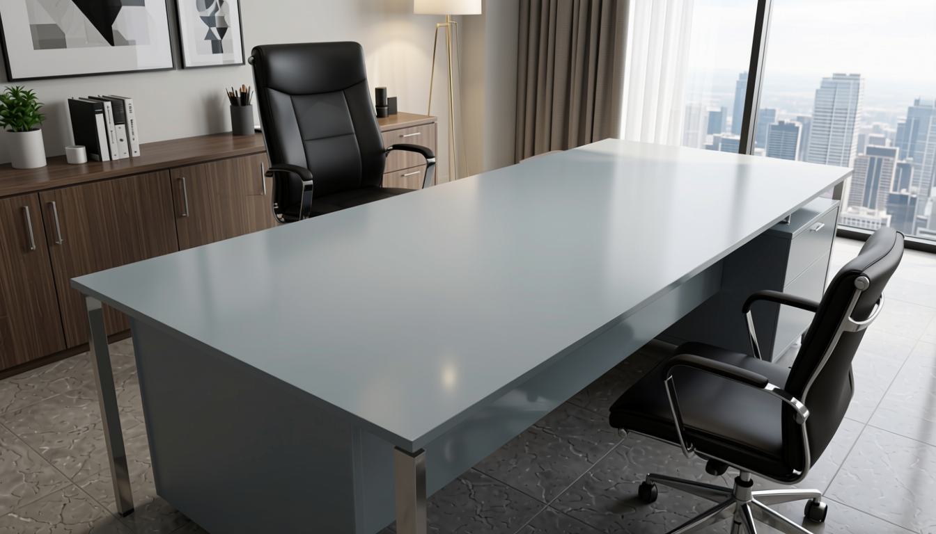 Misty Grey Plain Laminate 8x4 ft Glossy 1 mm - 667 DG — application view in a sleek office