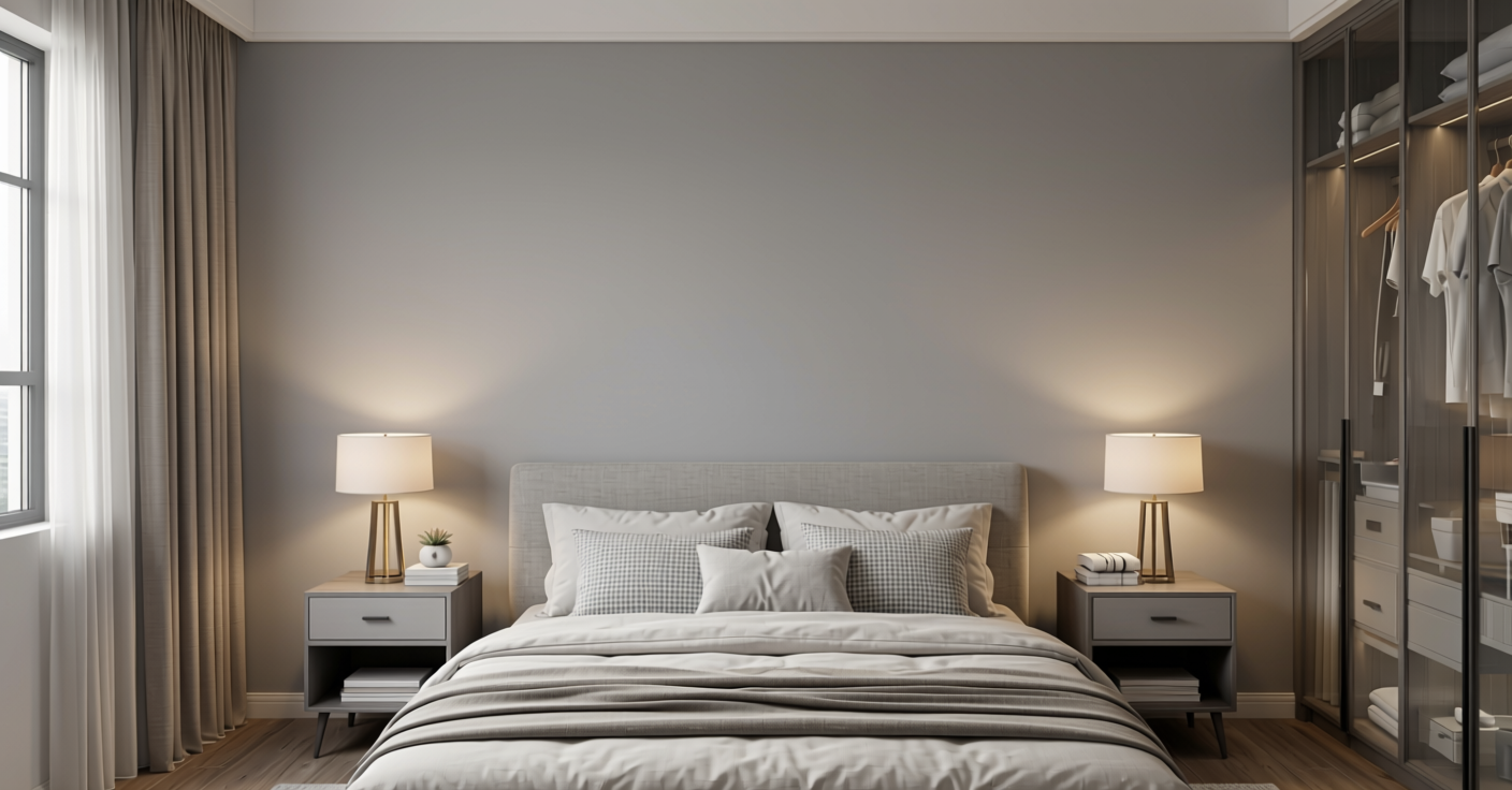Misty Grey Plain Laminate 8x4 ft Texture 1 mm - 667 UL — application view in a guest bedroom