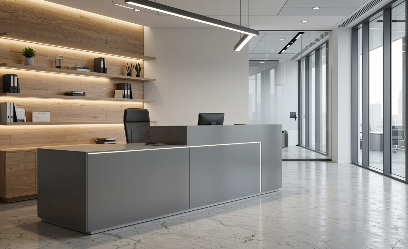 Misty Grey Metallic Plain Laminate 8x4 ft Texture 1 mm - 6148 CF — application view in a modern office
