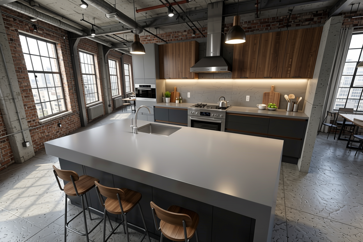 Misty Grey Metallic Plain Laminate 8x4 ft Glossy 1 mm - 6148 DG — application view in a industrial loft